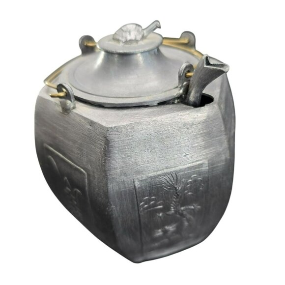 Chinese Silver Pewter Teapot With Turtle Lid & Decorative Embossed Panels JE407 - Picture 4 of 12